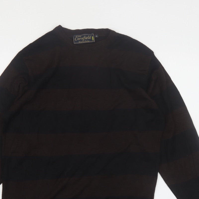 Cornfield Men's Brown Striped Crew Neck Knit Jumper Size M