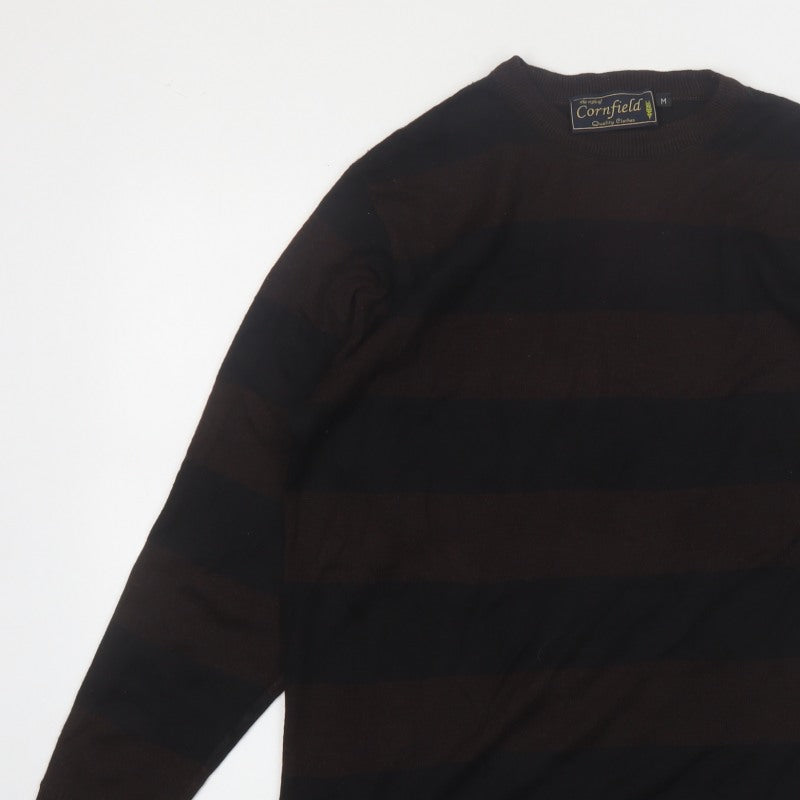 Cornfield Men's Brown Striped Crew Neck Knit Jumper Size M