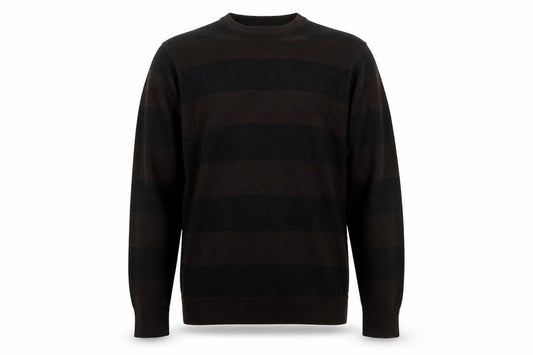 Front view of Cornfield Men's Brown Striped Crew Neck Knit Jumper, size M