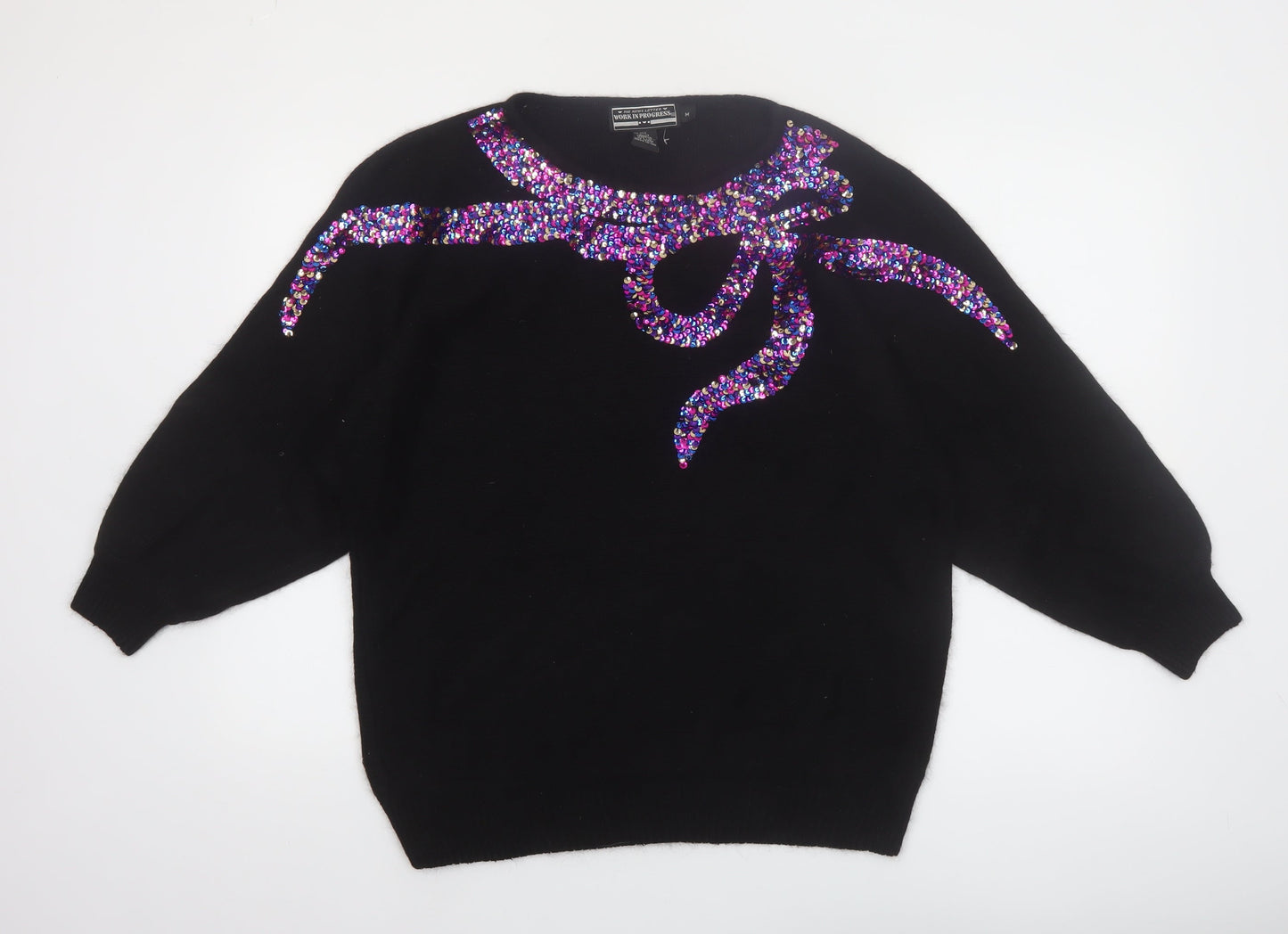 Work In Progress Womens Black Sequin Bow 80s Silk Blend Jumper M