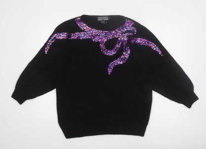 Work In Progress Womens Black Sequin Bow 80s Silk Blend Jumper M