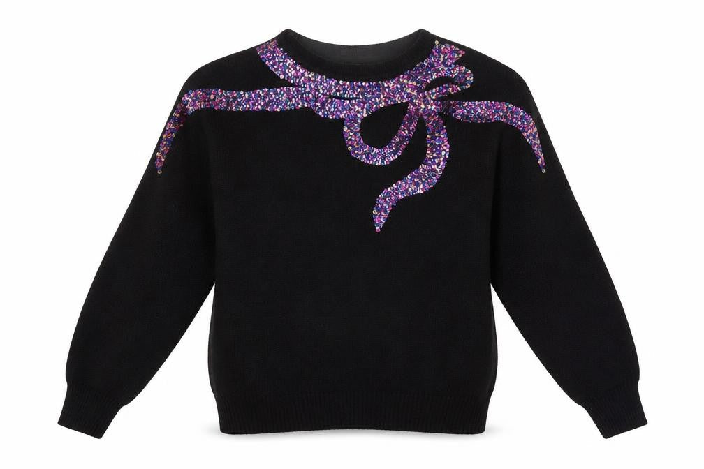 Work In Progress Womens Black Sequin Bow 80s Silk Blend Jumper M