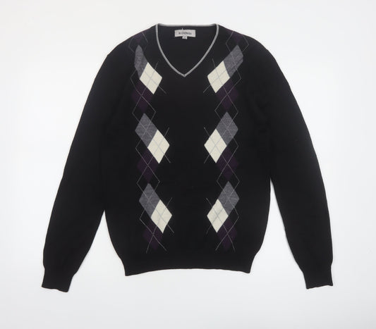 Le Chateau Men's Black Argyle Wool Blend V-Neck Jumper Size S