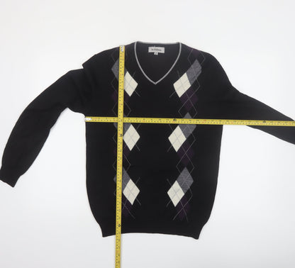 Le Chateau Men's Black Argyle Wool Blend V-Neck Jumper Size S