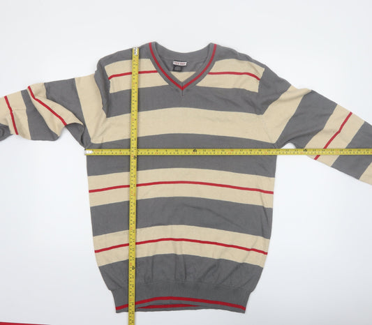 TEX-BAY Men’s Grey Beige Striped V-Neck Cotton Jumper Size L