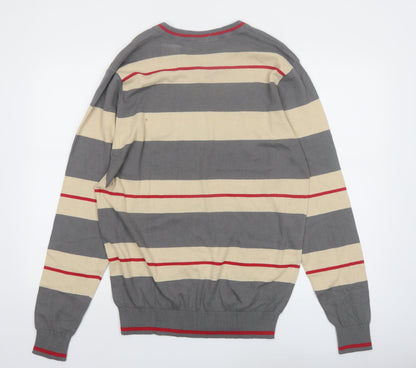 TEX-BAY Men’s Grey Beige Striped V-Neck Cotton Jumper Size L
