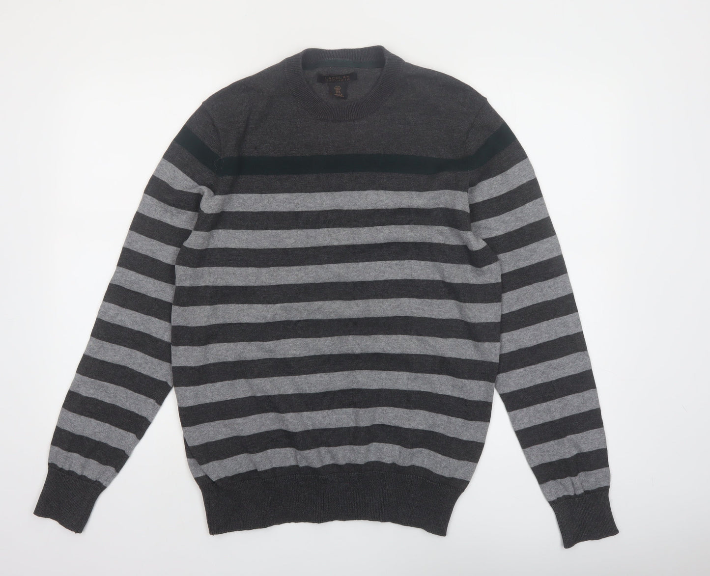 Lachlan Men's Grey Striped Cotton Crew Neck Jumper Size M