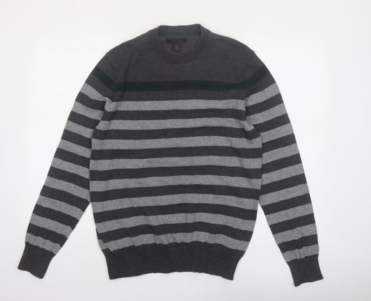Lachlan Men's Grey Striped Cotton Crew Neck Jumper Size M