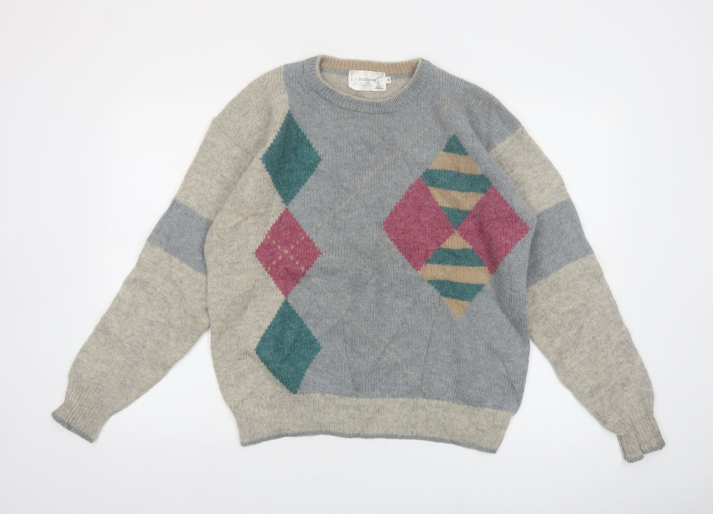F.I. Moderna Men's Grey Wool Argyle Pullover Jumper M