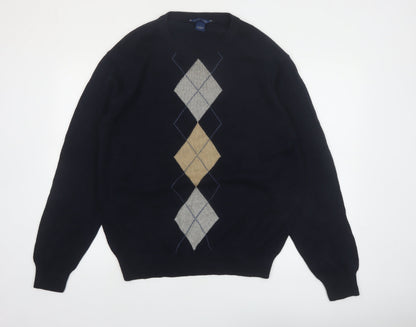Falls Creek Men's Blue Argyle Cotton Crew Neck Jumper Size L