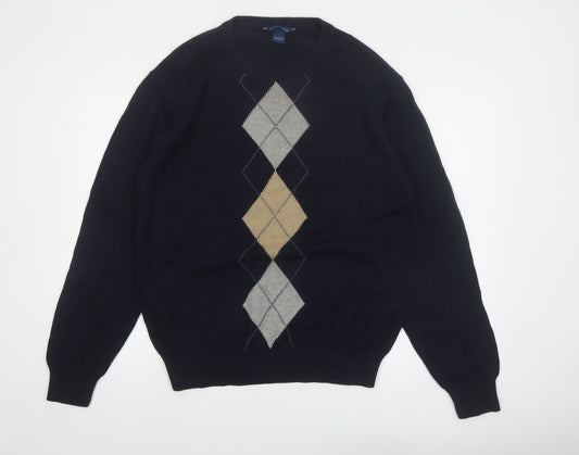 Falls Creek Men's Blue Argyle Cotton Crew Neck Jumper Size L