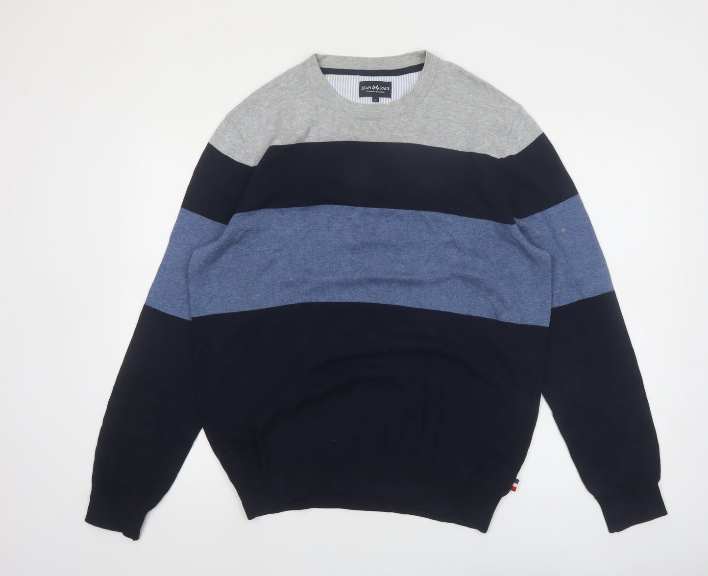 Jean Paul Mens Blue Striped Cotton Crew Neck Jumper L