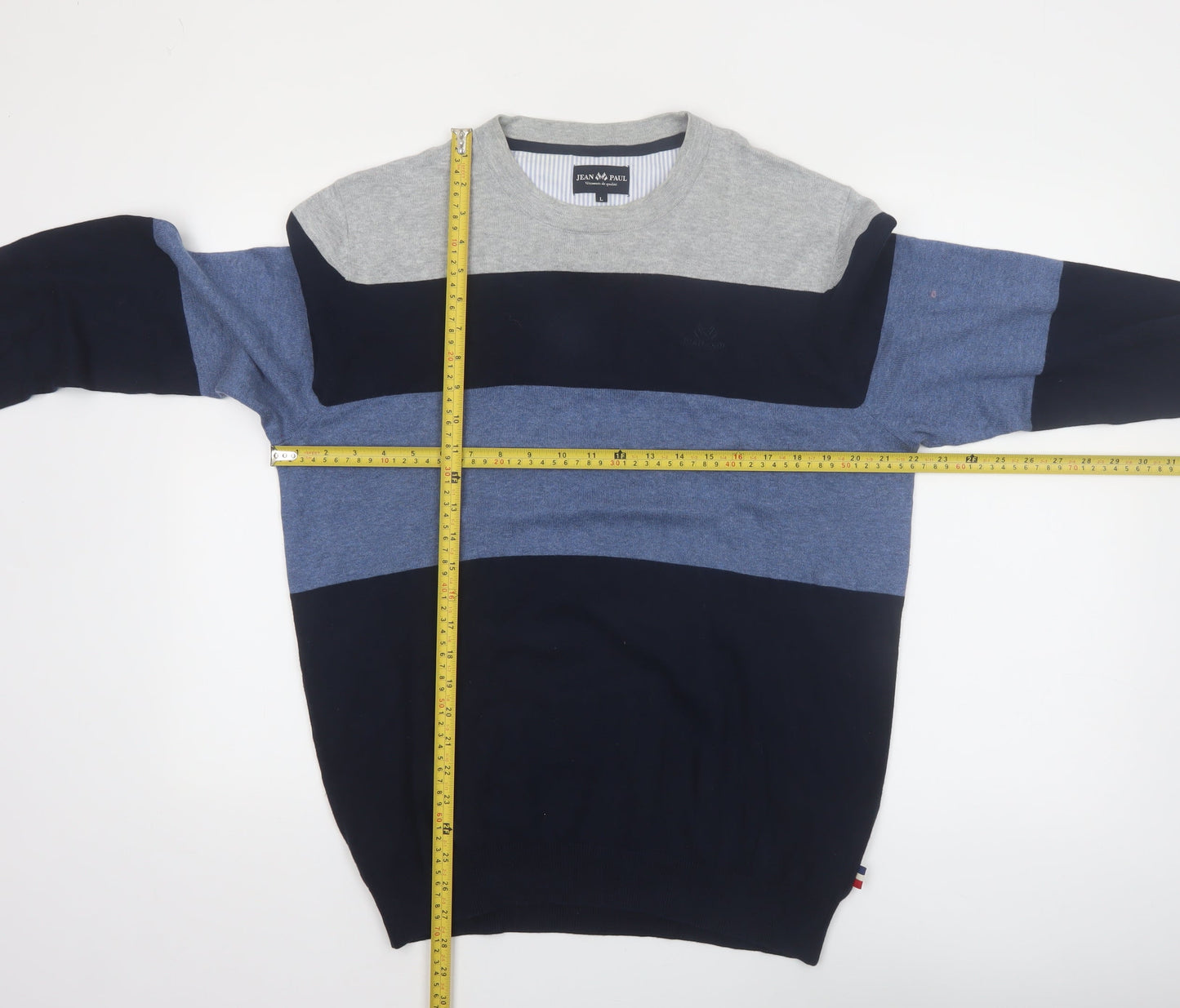 Jean Paul Mens Blue Striped Cotton Crew Neck Jumper L
