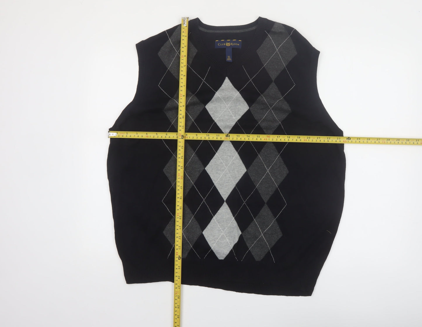 Club Room Men Black Argyle Cotton V-Neck Sleeveless Jumper XL