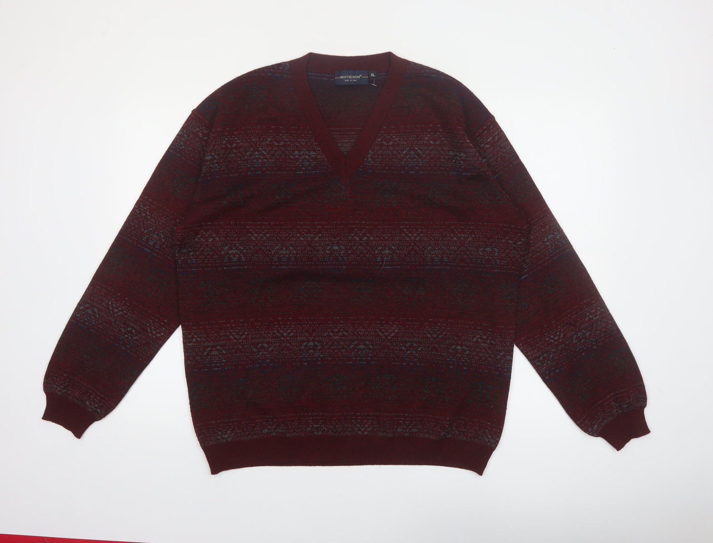 Montecatini Men's Red Fair Isle Wool Blend V-Neck Jumper XL