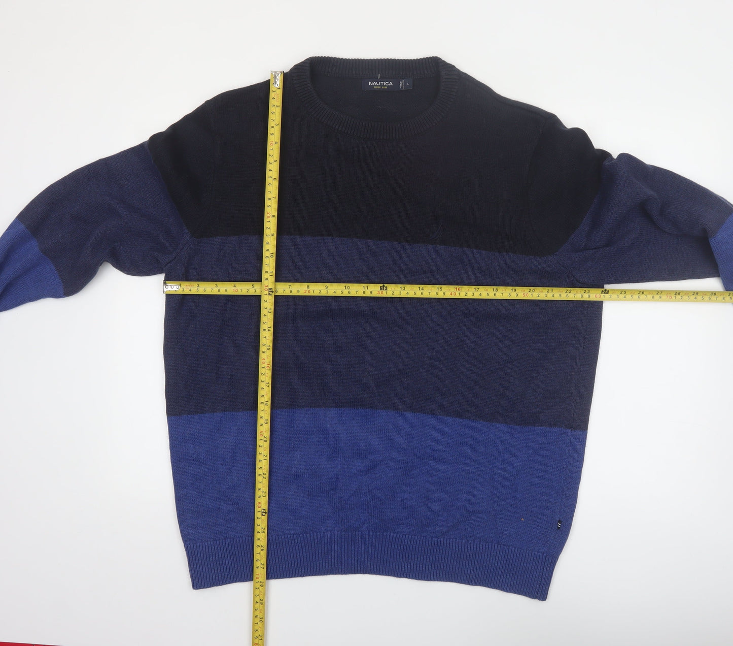 Nautica Men's Blue Colour Block Cotton Crew Neck Jumper Size L