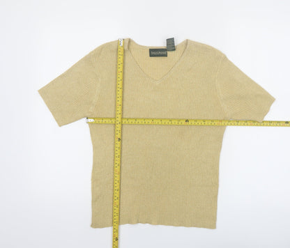 Harvé Benard Women Beige Knit V-Neck Short Sleeve Top Size M