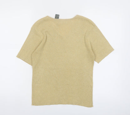 Harvé Benard Women Beige Knit V-Neck Short Sleeve Top Size M