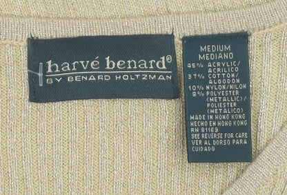 Harvé Benard Women Beige Knit V-Neck Short Sleeve Top Size M