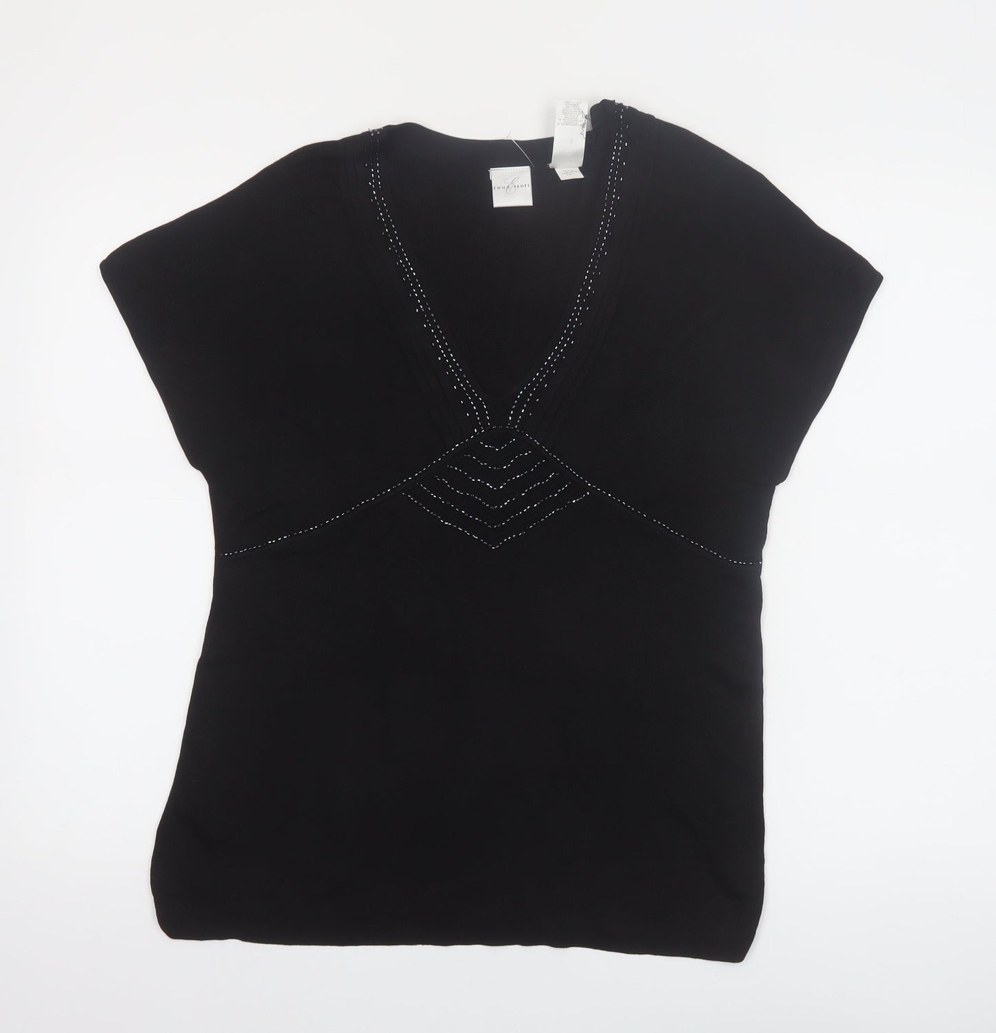 Emma James Women’s Black Silk Blend Beaded V-Neck Blouse Size L