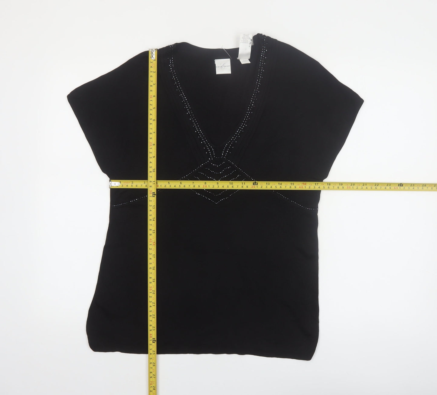 Emma James Women’s Black Silk Blend Beaded V-Neck Blouse Size L