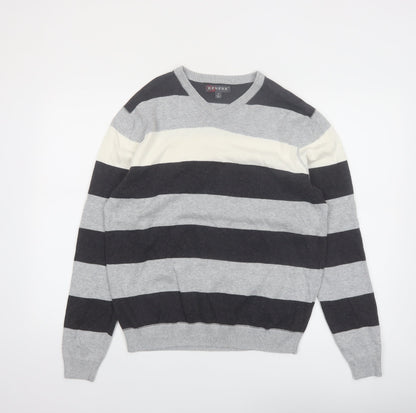 Revert Men’s Grey Striped Cotton V-Neck Pullover Jumper M