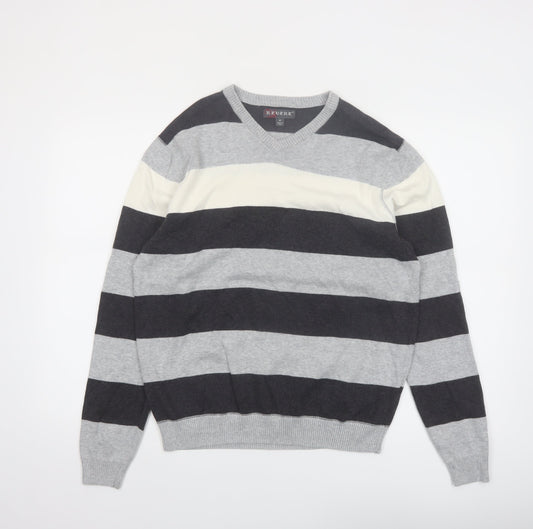Revert Men’s Grey Striped Cotton V-Neck Pullover Jumper M