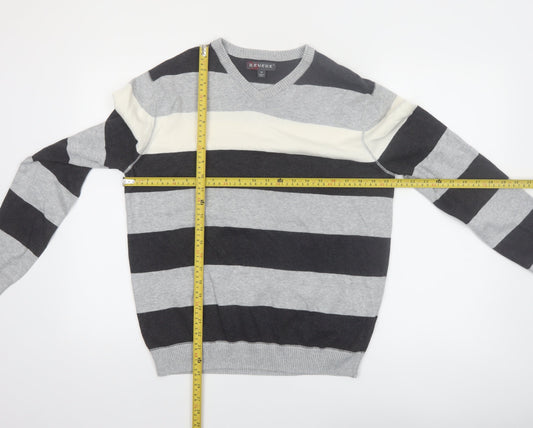 Revert Men’s Grey Striped Cotton V-Neck Pullover Jumper M