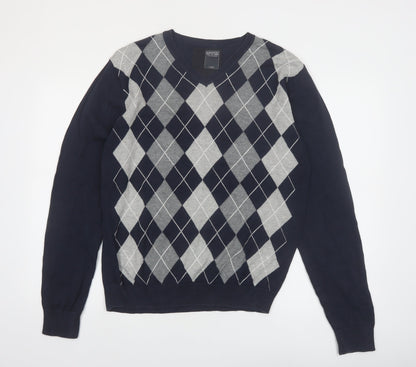 Dissident Men's Blue Argyle V-Neck Cotton Jumper Size L