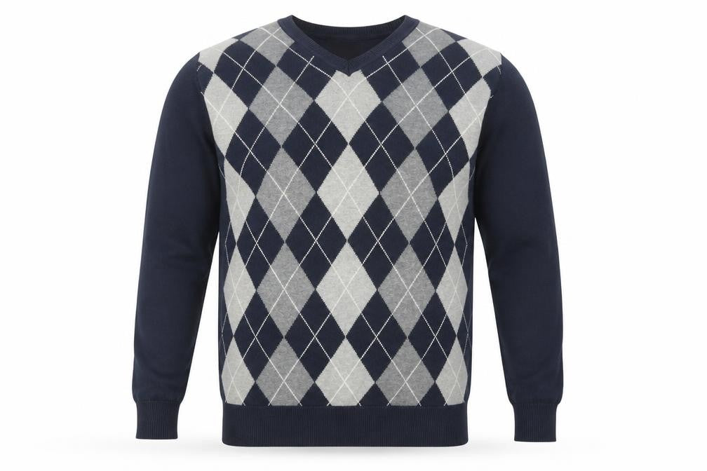 Dissident Men's Blue Argyle V-Neck Cotton Jumper Size L