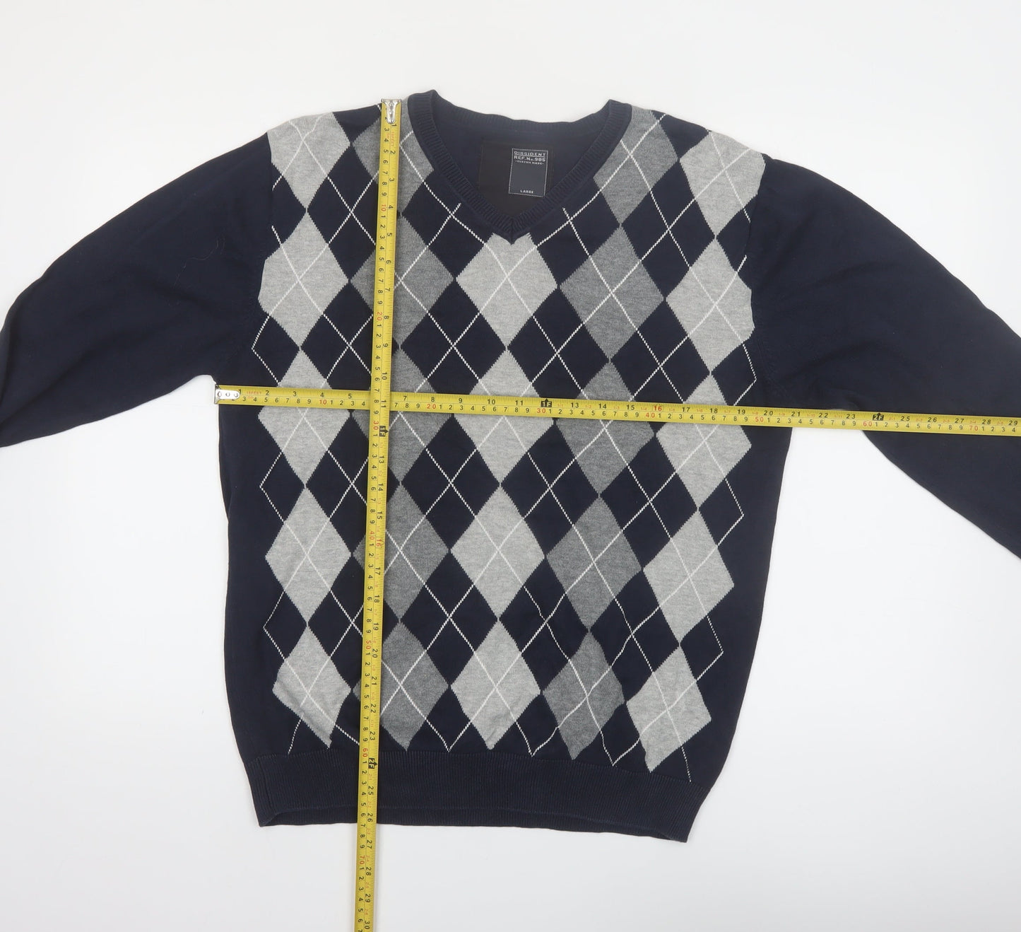 Dissident Men's Blue Argyle V-Neck Cotton Jumper Size L