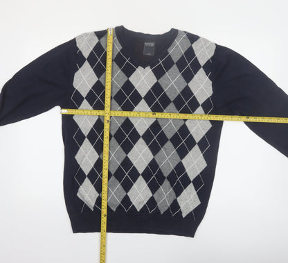 Dissident Men's Blue Argyle V-Neck Cotton Jumper Size L