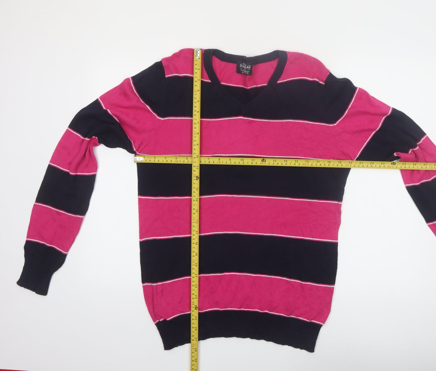 Pull & Bear Men’s Pink Striped V-Neck Cotton Jumper Size L