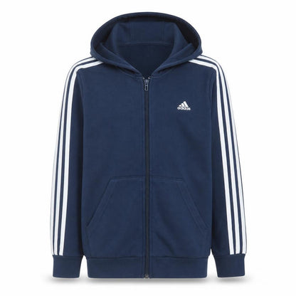 Front view of Adidas boys’ navy blue full zip hoodie, size 11-12, years classic 3-stripes