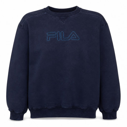 Front view of Fila Women’s Navy Blue Pullover Sweatshirt, size L, Crew Neck Vintage
