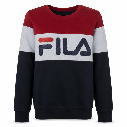 Front view of Fila women’s red white blue colourblock pullover sweatshirt m