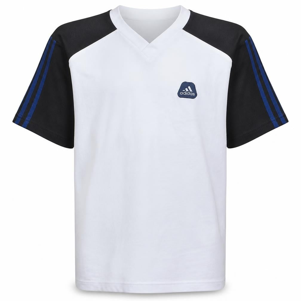 Front view of Adidas boys’ xs white retro v-neck sports t-shirt