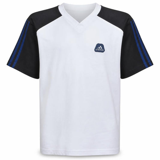Front view of Adidas boys’ xs white retro v-neck sports t-shirt