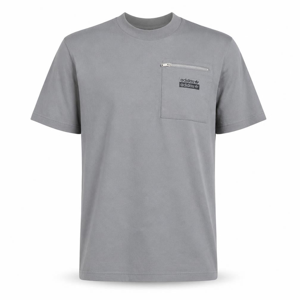 Front view of Adidas Men's Grey Crew Neck Cotton Zip Pocket T-Shirt, size M