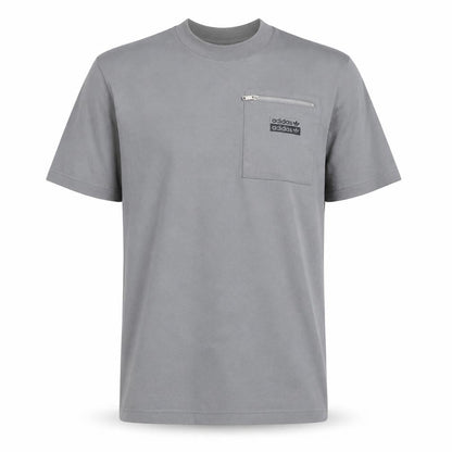 Front view of Adidas Men's Grey Crew Neck Cotton Zip Pocket T-Shirt, size M
