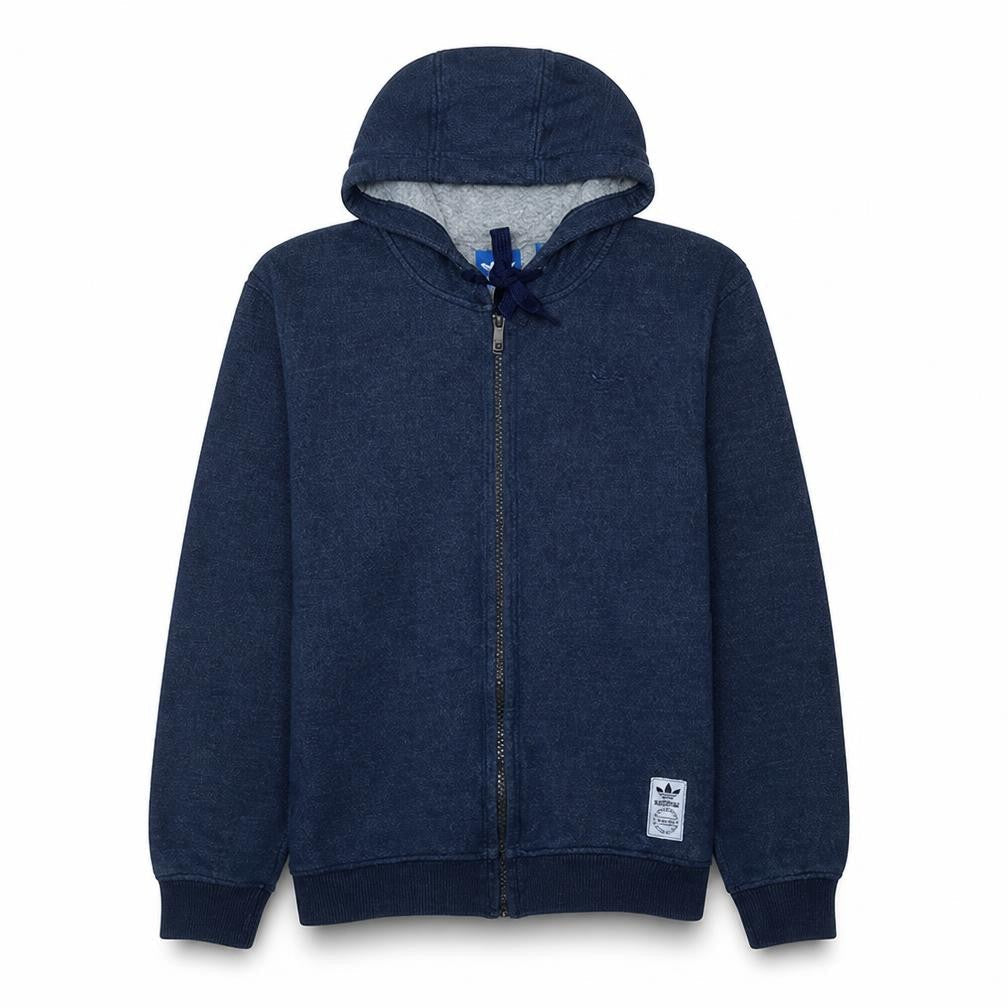 Front view of Adidas men’s blue full zip hoodie, size M, hooded sweatshirt