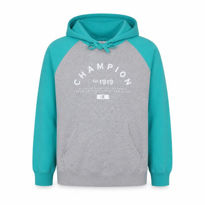 Champion Men's Grey & Teal Pullover Hoodie 2XL Graphic Print