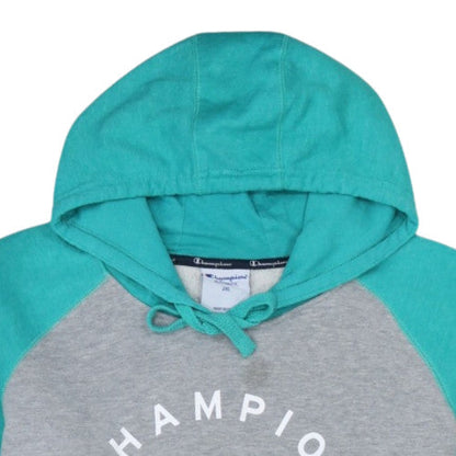 Champion Men's Grey & Teal Pullover Hoodie 2XL Graphic Print