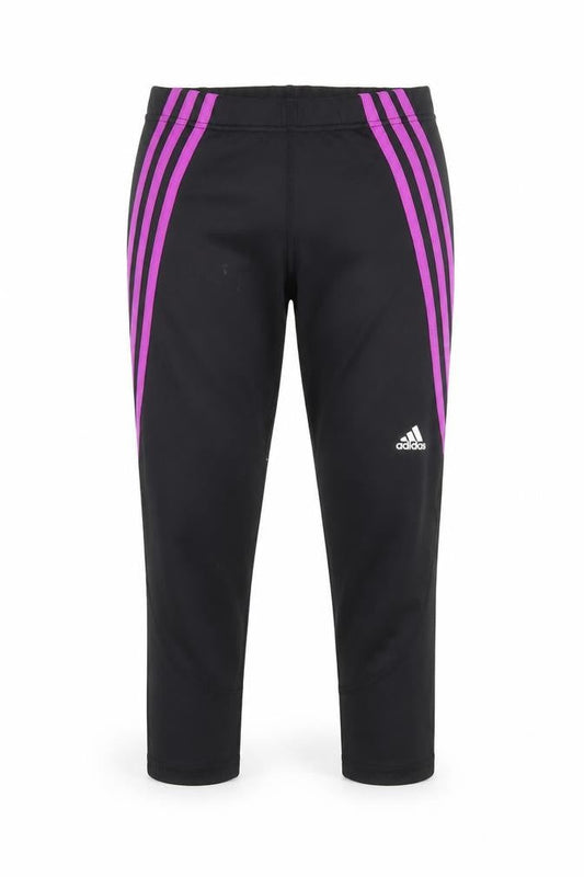 Front view of Adidas women’s black xs ankle leggings purple stripe performance