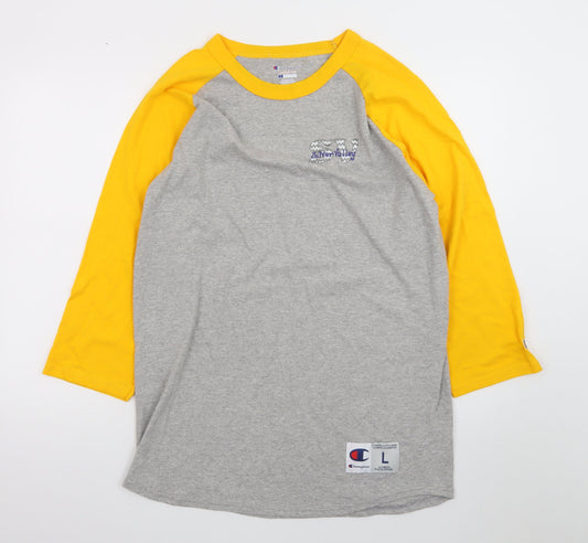 Champion Men's Grey Yellow 3/4 Sleeve Raglan T-Shirt Size L