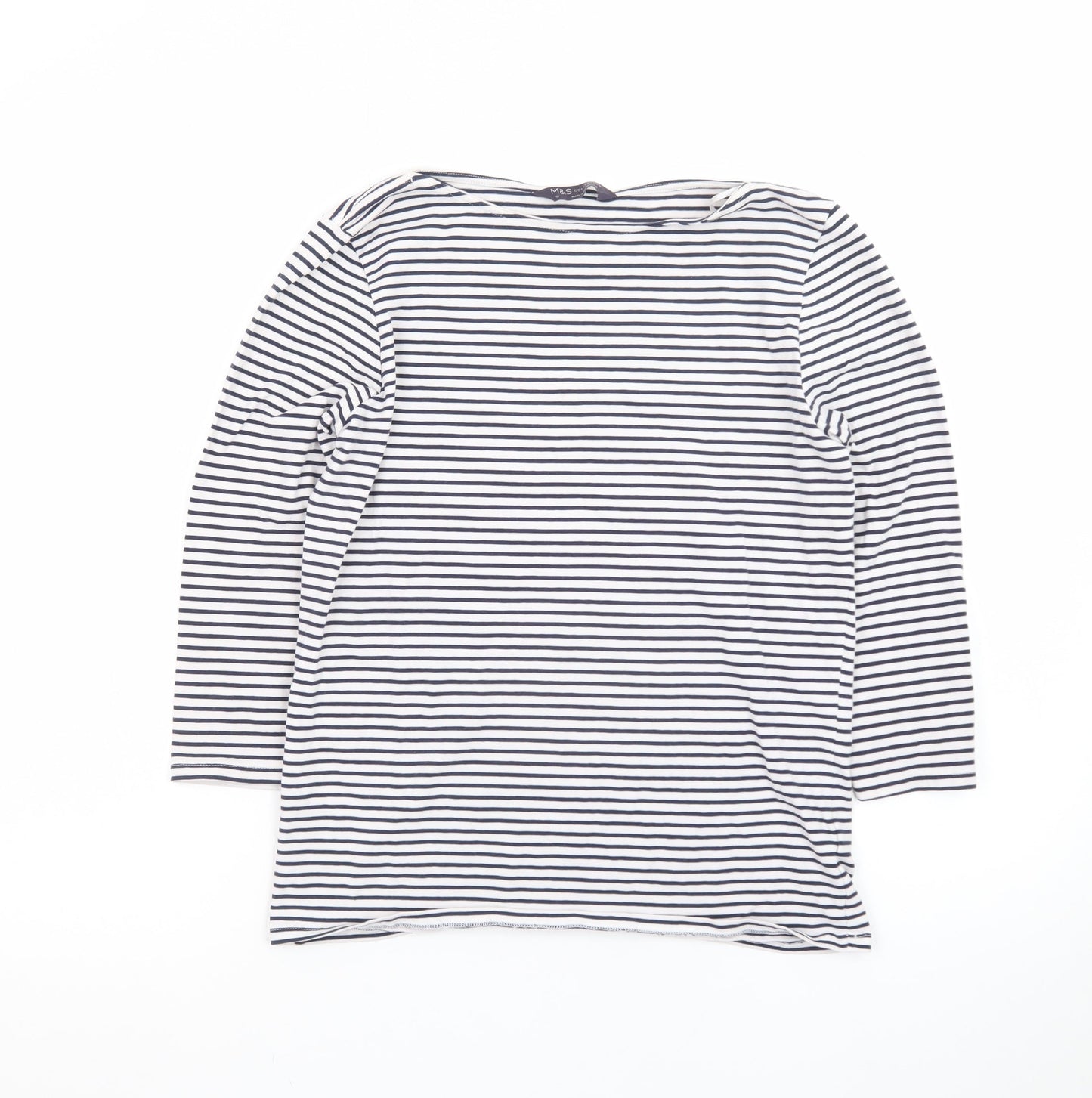 Marks and Spencer Women's White Striped 3/4 Sleeve Cotton T-Shirt Size 12