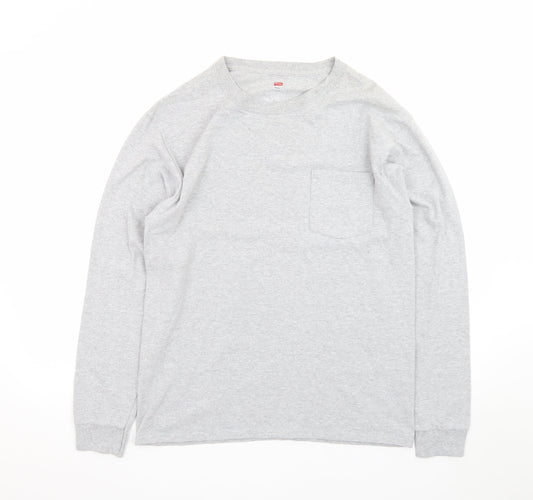 Hanes Men’s Grey Long Sleeve Crew Neck Pocket T-Shirt Size M