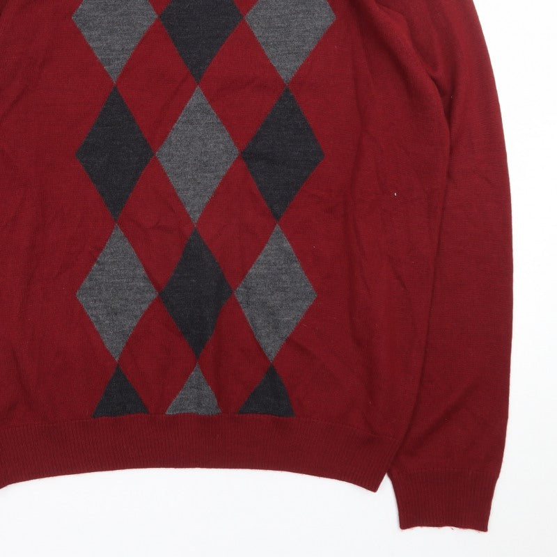 APT.9 Men's Red Argyle V-Neck Knit Pullover Jumper Size L