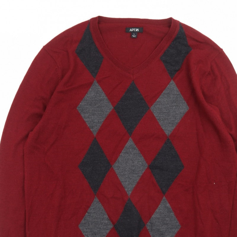 APT.9 Men's Red Argyle V-Neck Knit Pullover Jumper Size L