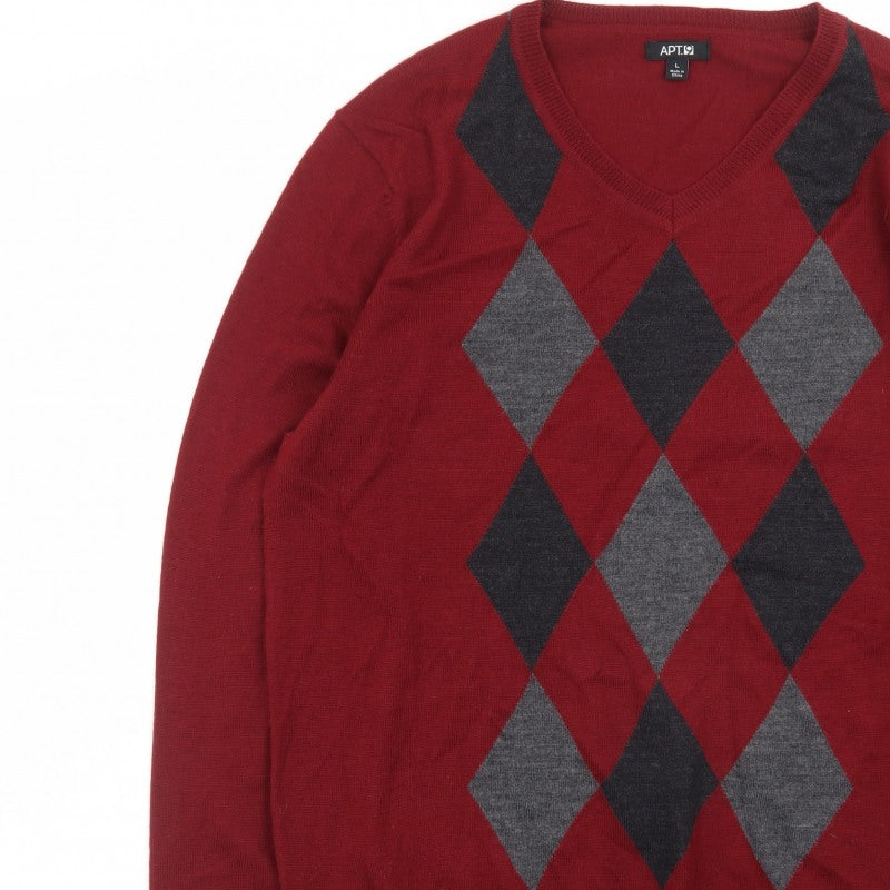 APT.9 Men's Red Argyle V-Neck Knit Pullover Jumper Size L